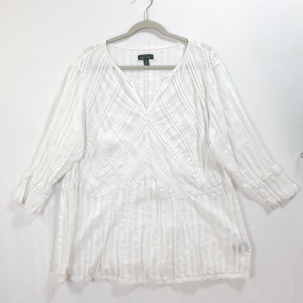 Ralph Lauren Peasant Blouse Pintuck Lace White Women 2X Boho Coastal Cottagecore